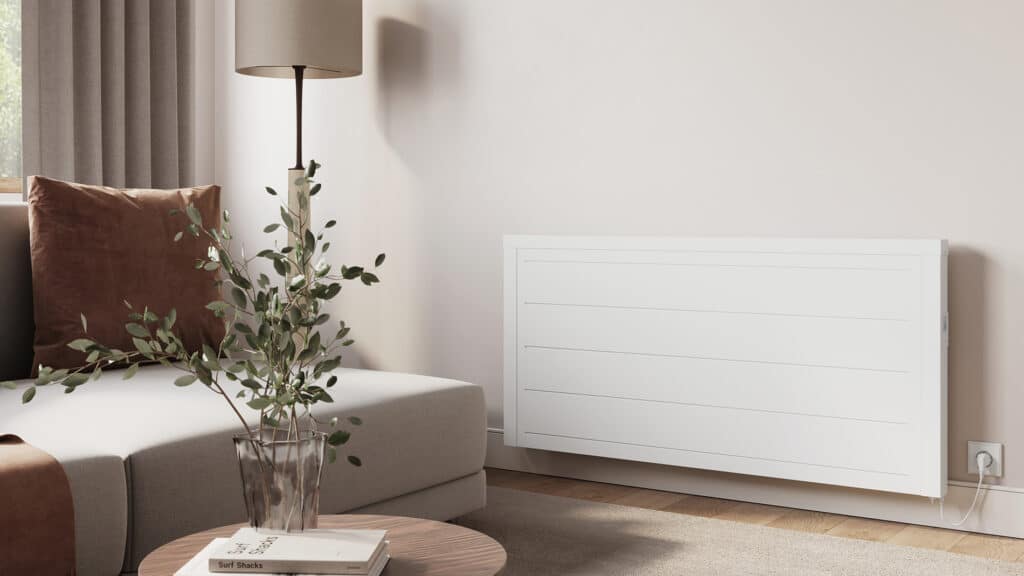 RadTherm Saxony standard white radiator on the wall in a cream living room